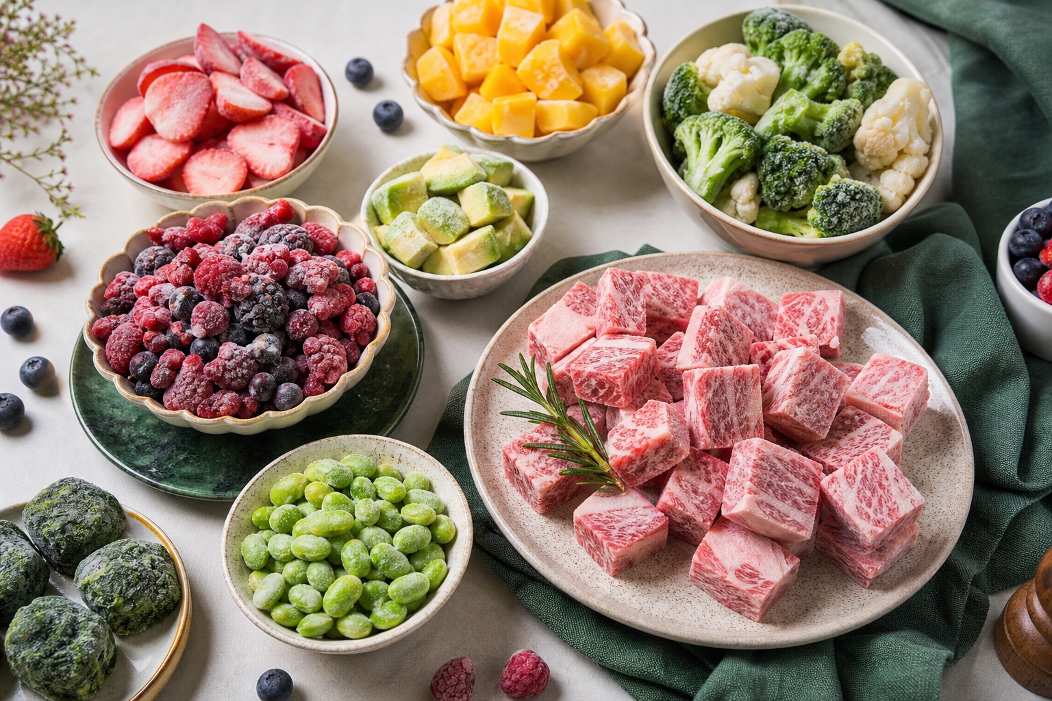 Frozen berries, mango, avocado, vegetables, and marbled beef arranged for easy meals
